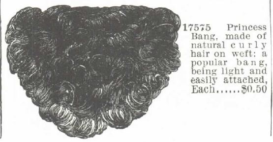 Kristin Holt | Kristin Holt | Victorian Hair Augmentation. "Princess Bang, made of naturally curly hair on weft: a popular bang, being light and easily attached. Each $0.50." For sale in the Montgomery Ward no. 57 spring and summer 1895 catalogue.