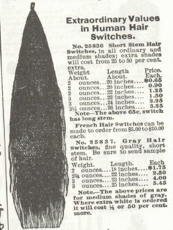 Kristin Holt | Victorian Hair Augmentation. "Extraordinary Values in Human Hair Switches" in all ordinary and medium shades (extra shades will cost from 25 to 50 per cent textra). For sale in the Sears Catalog 1897 No 104, p. 342.