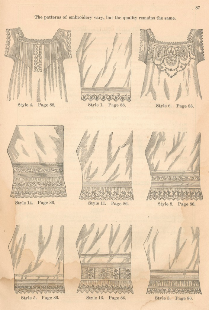 Kristin Holt | Victorian Ladies Underwear. Illustrations of chemises and drawers (with focus on embroidery and tucks) for sale by the B. Altman and Co. Catalogue of New York, Fall and Winter 1879-1880.