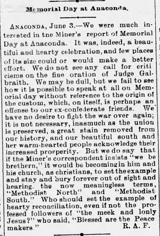 Kristin Holt | Victorian America Observes Memorial Day. Twenty-five years after The War, "Methodist North" and "Methodist South" urged to unite. The Butte Daily Post of Butte, Montana, June 4, 1889.