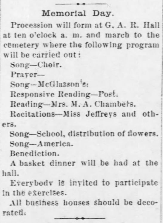Kristin Holt | Victorian America Observes Memorial Day. Memorial Day program. The Hoxie Sentinel of Kenneth, KS on May 29, 1890.