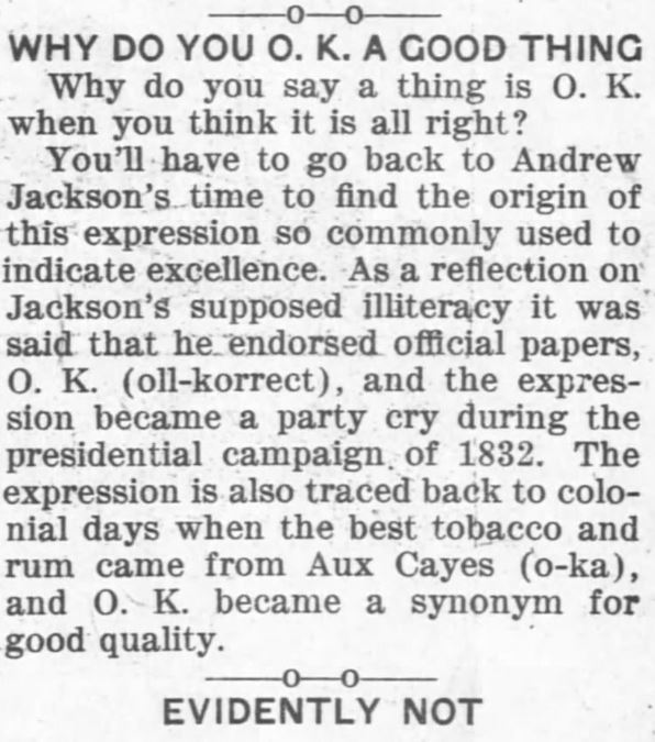 Kristin Holt | Is it Okay to Use O.K. in Historical Fiction? O.K. Presidential Campaign, 1832. The Day Book of Chicago, Illinois on April 7, 1914.