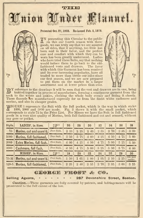 Kristin Holt | Victorian Ladies Underwear. Union Under Flannels for Women, sold in the September 1878 Catalog of Novelties and Specialties in Ladies and Children's Underwear.