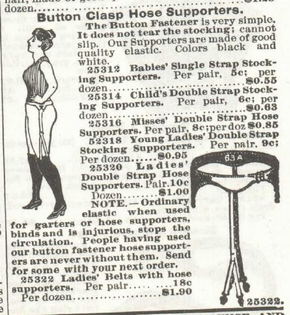 Kristin Holt | How Did Victorian Stockings Stay Up? Ladies' Button Clasp Hose Supporters. For sale in 1897 Sears, Roebuck & Co. Catalogue No. 104.
