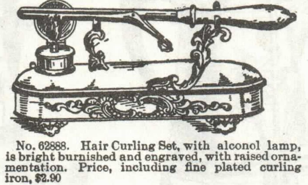 Kristin Holt | Victorian Curling Irons. "Hair Curling Set with alcohol lamp", engraved and ornamented. Advertised on page 462 of Sears Catalog No. 104, year 1897.