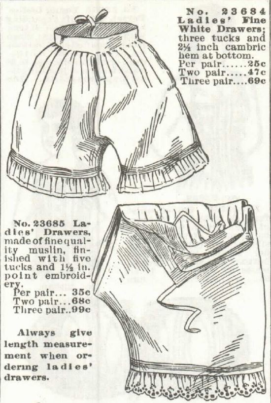 White drawers, shows open crotch construction. Sears Roebuck catalog of Spring and Summer, 1897.