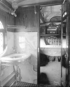 Kristin Holt | Indoor Plumbing in Victorian America. Photo: Bathroom in private rail car, circa 1890. On the right-hand side of the image, a doorway is open into the chamber beyond. Note the plumbed sink (and radiant heat water pipes below).