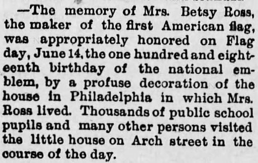 Kristin Holt | Victorian America Observes Flag Day. Betsy Ross remmebered on Flag Day. Newton Daily Republican of Newton, Kansas, on August 12, 1895.