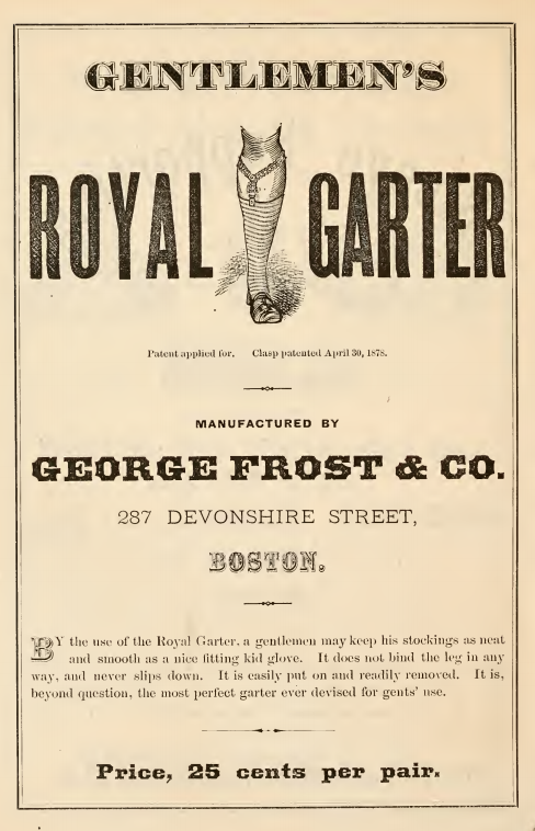 Kristin Holt | How Did Victorian Stockings Stay Up? Gentlemen's Royal Garter stocking supporter, advertised in the September 1878 Catalogue of Novelties and Specialties in Women's and Children's Underwear.