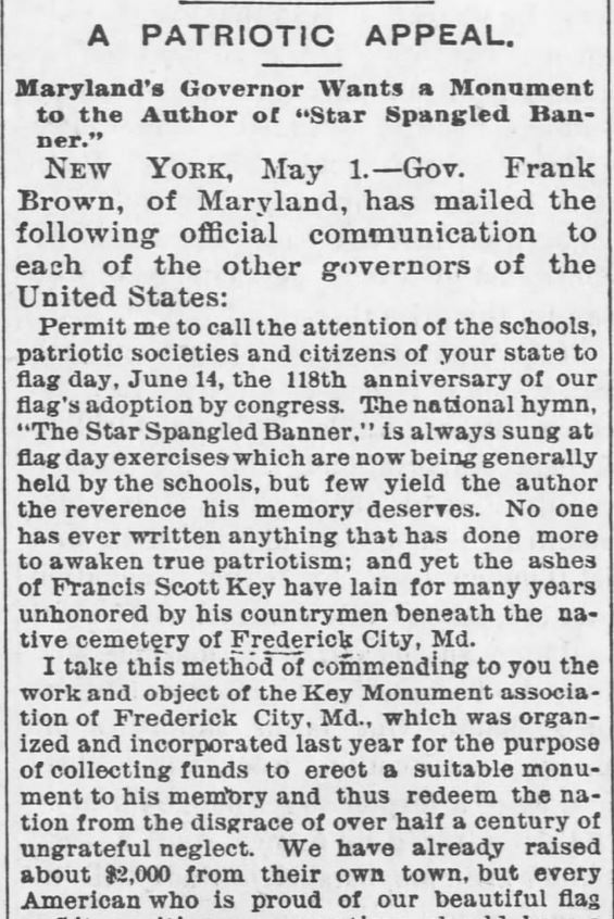 Kristin Holt | Victorian America Observes Flag Day. Patriotic Appeal for Francis Scott Key monument, part 1. Garnet Journal of Garnett, Kansas on May 3, 1895.