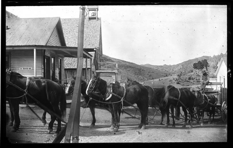 Kristin Holt | Historic Silver City, Idaho. Vintage photograph: Smith's Freight Team in Silver City, in front of office of the Probate Judge Wm. E. Lewis and Co. Image Courtesy of Idaho State Archives: P1960-139-3.