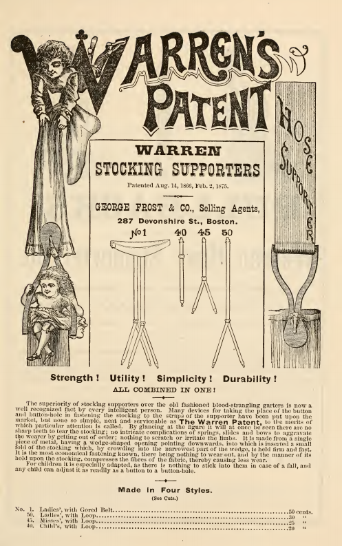 Kristin Holt | How Did Victorian Stockings Stay Up? Warren's Patent Stocking Supporters advertised in the 1878 September Catalogue of Novelties and Specialties in Women's and Children's Underwear.