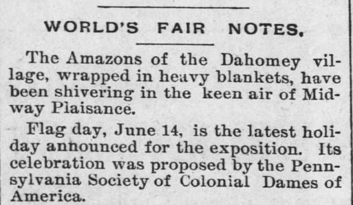 Kristin Holt | Victorian America Observes Flag Day. World's Fair Notes, published in The Leavenworth Times of Leavenworth, Kansas, on May 28, 1893. The World's Fair was hosted in Chicago, Illinois in 1893.