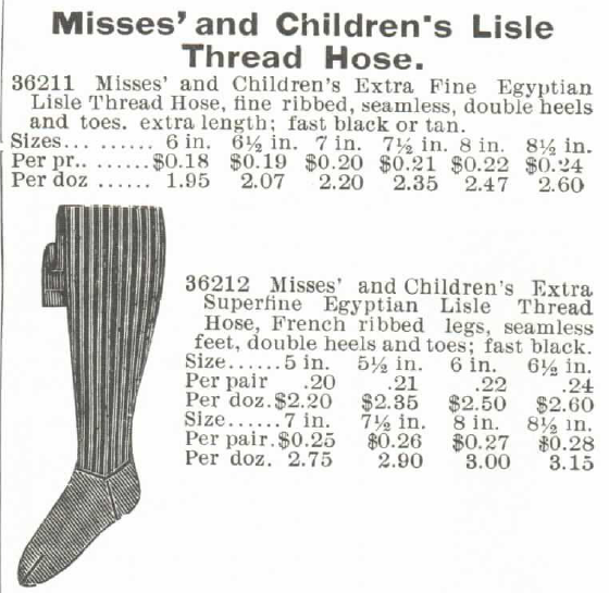 Kristin Holt | How Did Victorian Stockings Stay Up? Misses' and Children's Lisle Thread Hose stockings for sale in 1895 Montgomery, Ward & Co. Spring and Summer Catalogue.