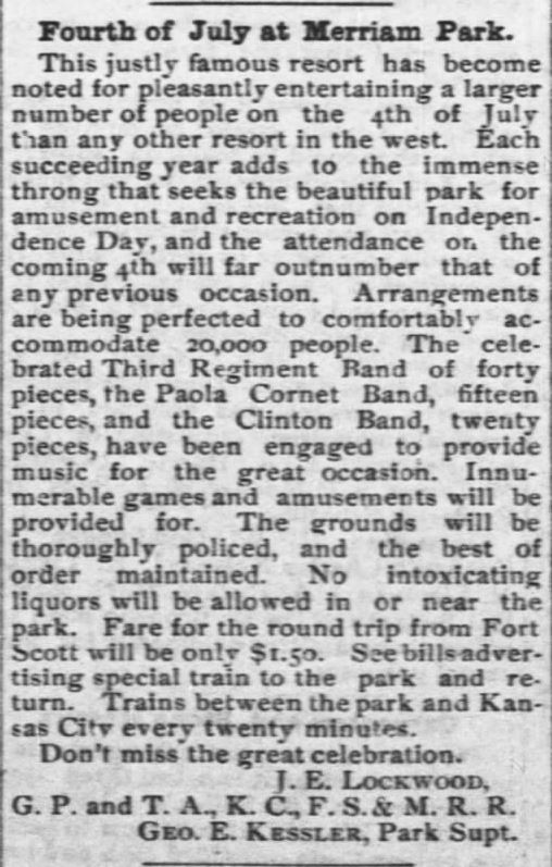 Kristin Holt | Victorian America Celebrates Independence Day. 4th of July at Merriam Park. Fort Sccott Daily Monitor of Fort Scott, Kansas, of 23 Jun 1889.