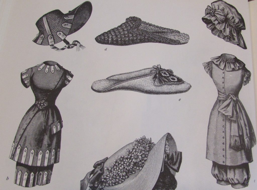 Kristin Holt | 19th Century Bathing Costumes from Harper's Bazaar. Bonnet, slippers, hats, as part of bathing costumes. 1881. Harper's Bazaar 1867-1898 p. 126.