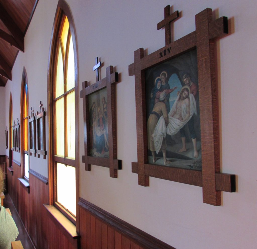 Kristin Holt | Silver City, Idaho's Historic Church 1898. Interior wall of Silver City's historic Catholic Church: Our Lady of Tears