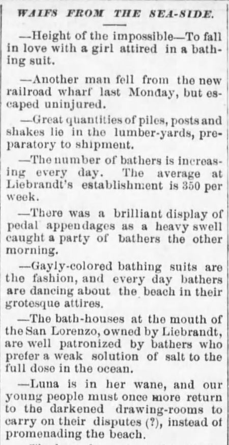Kristin Holt | Victorians at the Seashore. From Santa Cruz Weekly Sentinel, June 26, 1875, a list of newsy briefs titled "Waifs from the Sea-side." Includes quips and a slice-of-life view of Victorians at the Seashore.