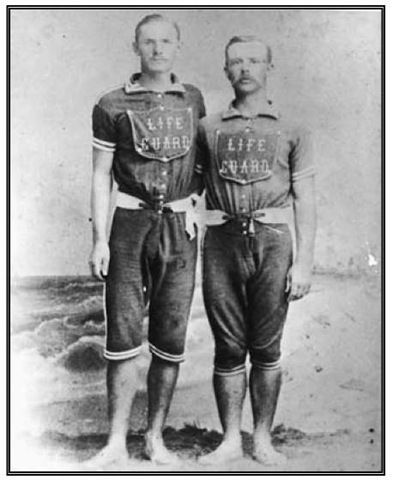 Kristin Holt | Victorians at the Seashore. Vintage photograph of two Lifeguards, in short-sleeved, knee-length bathing suits, at Atlantic City, New Jersey. Image from Pinterest.