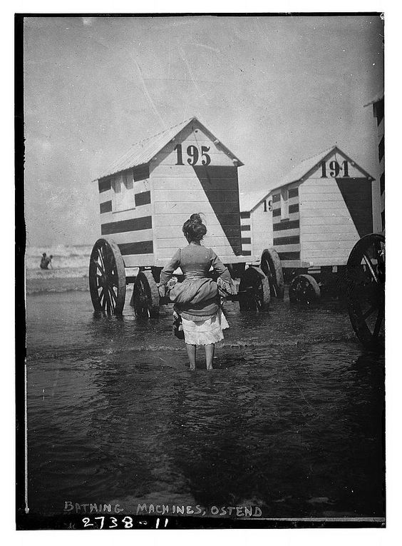 Kristin Holt | Victorians at the Seashore. Vintage photograph of Victorian Bathing Machines. Saved from mentalfloss to Pinterest.