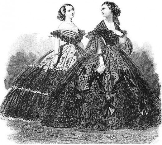 Kristin Holt | Pencil Skirts, Victorian Style. Artist's rendition (Victorian etching) of 1860 Victorian Costume with hoop skirts.