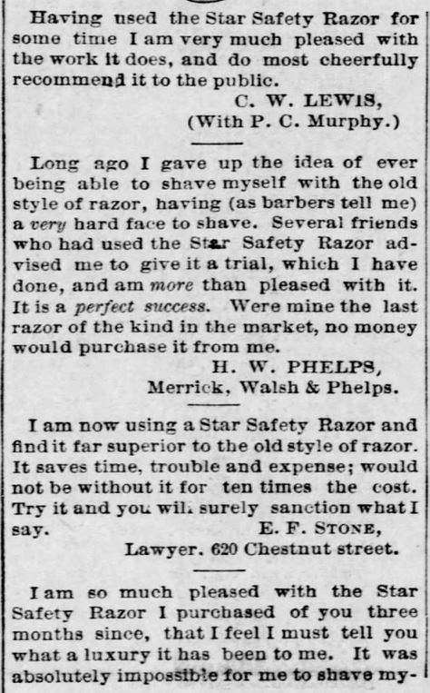 A.J. Jordan. Testimonials, Part 2, for Star Safety Razor in the St. Louis Post-Dispatch of St. Louis, MIssouri, on September 11, 1886