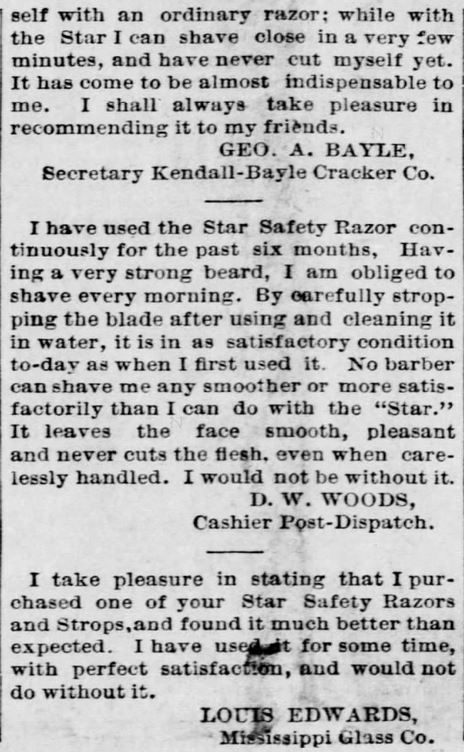 A.J. Jordan. Testimonials, Part 3, for Star Safety Razor in the St. Louis Post-Dispatch of St. Louis, MIssouri, on September 11, 1886