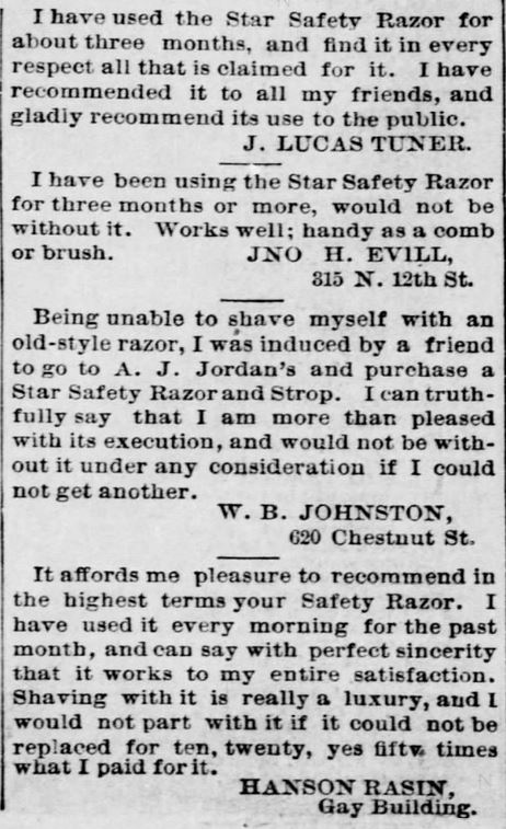 A.J. Jordan. Testimonials, Part 4, for Star Safety Razor in the St. Louis Post-Dispatch of St. Louis, MIssouri, on September 11, 1886