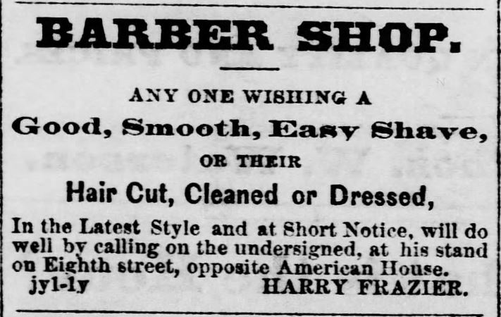 Kristin Holt | Old West Barber Shop. Harry Frazier advertises his barber shop in the Marysville Locomotive of Marysville, Kansas on January 7, 1871.