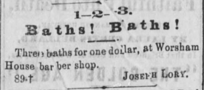 Kristin Holt | Old West Bath House. Baths advertised three for one dollar at Worsham House Barber Shop. Notice published in Public Ledger of Memphis, Tennessee on June 24, 1873.