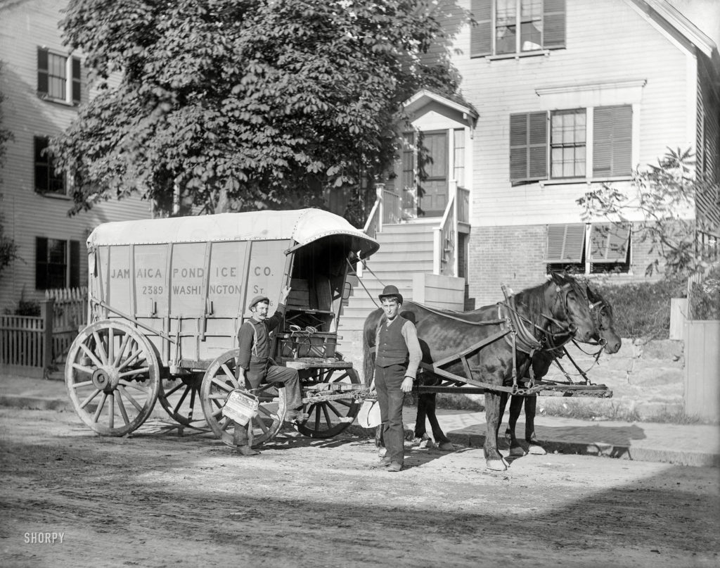 Kristin Holt | Victorian America's Ice Delivery. Photograph: Boston Ice Delivery Wagon, painted "Jamaica Pond Ice Co." Image via Pinterest from http://hdl.loc.gov/loc.pnp/ppmsca.49551.