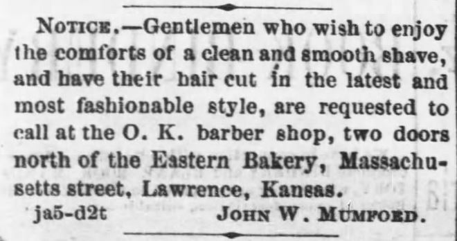 Kristin Holt | Old West Barber Shop. Close Shave advertised at O.K. Barber Shop. The Daily Kansas Tribune of Lawrence, Kansas on January 5, 1870.