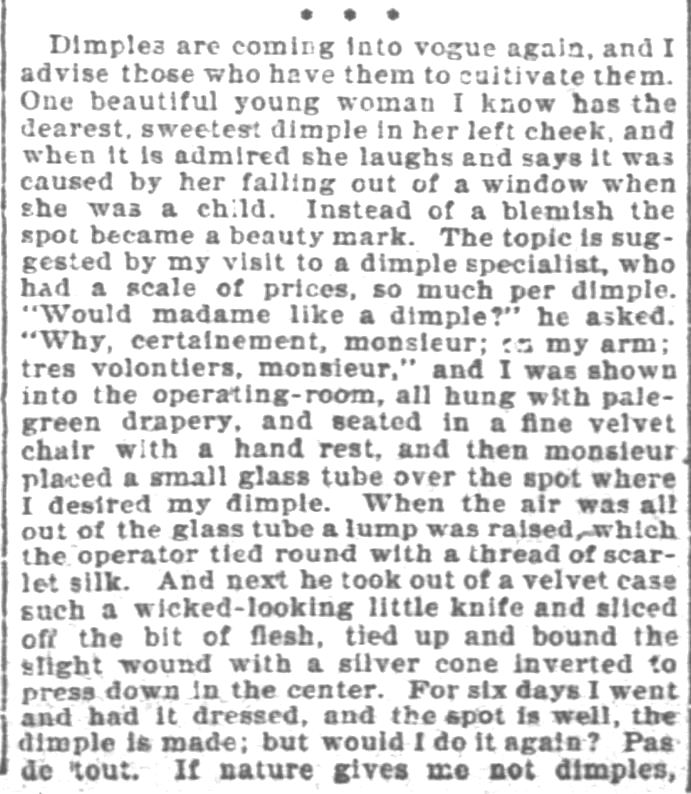 Kristin Holt | False Beauty Spots. Part 1 of "Dimples coming into vogue again," from The Inter Ocean of Chicago, Illinois on November 20, 1898.