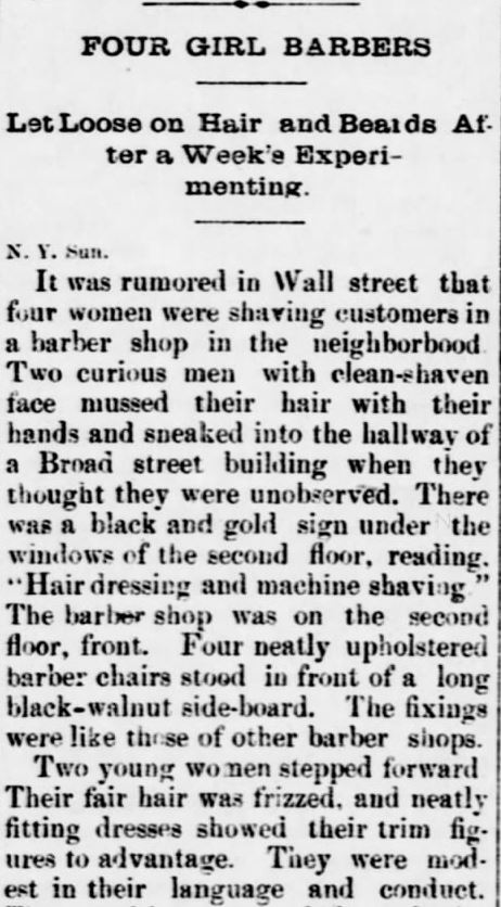 Kristin Holt | Old West Barber Shop. Part 1 of 3: Four Girl Barbers. From The Sedalia Weekly Bazoo of Sedalia, Missouri, on October 23, 1883.