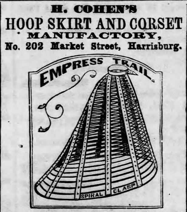 Hoop Skirt and Corset Ad. Kristin Holt | Pencil Skirts, Victorian Style. H. Cohen's Hoop Skirt and Corset Manufactury (Harrisburg) advertisement. From harrisburg Telegraph of Harrisburg, Pennsylvania, May 8, 1869. Harrisburg Telegraph, Harrisburg, Pennsylvania on May 8, 1869. Part1 of 2.