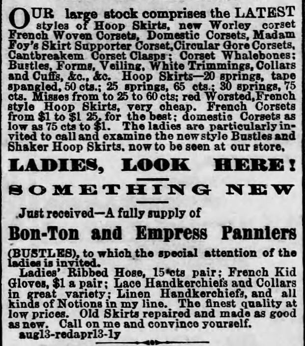 Hoop Skirt and Corset Ad. Kristin Holt | Pencil Skirts, Victorian Style. H. Cohen's Hoop Skirt and Corset Manufactury (Harrisburg) advertisement. From harrisburg Telegraph of Harrisburg, Pennsylvania, May 8, 1869. Harrisburg Telegraph, Harrisburg, Pennsylvania on May 8, 1869. Part 2 of 2.