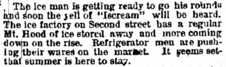 Kristin Holt | Victorian America's Ice Delivery. "The ice man is getting ready to go his rounds and soon the yell of "Iscream" will be heard." Morning Oregonian of Portland, Oregon, on April 5, 1885.