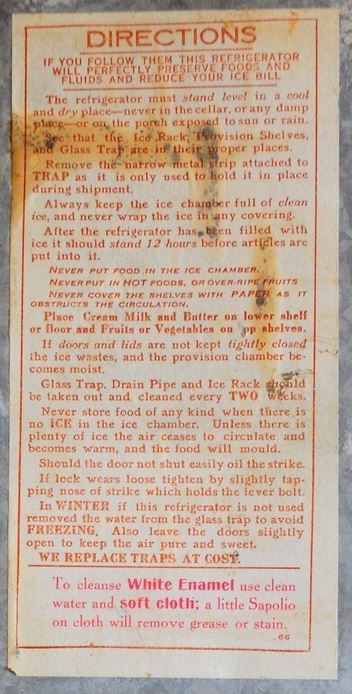 Kristin Holt | Victorian Refrigerators (a.k.a. Icebox). Directions posted inside lid of icebox, currently for sale on ebay.