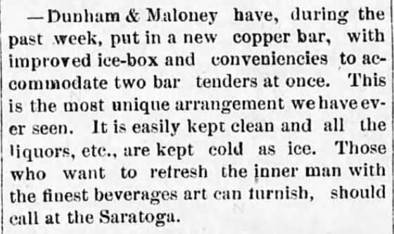 Kristin Holt | Victorian Refrigerators (a.k.a. Icebox) Improved Icebox at Dunham and Maloney's saloon. From Rocky Mountain Husbandman of Diamond City, Montana on July 20, 1882.