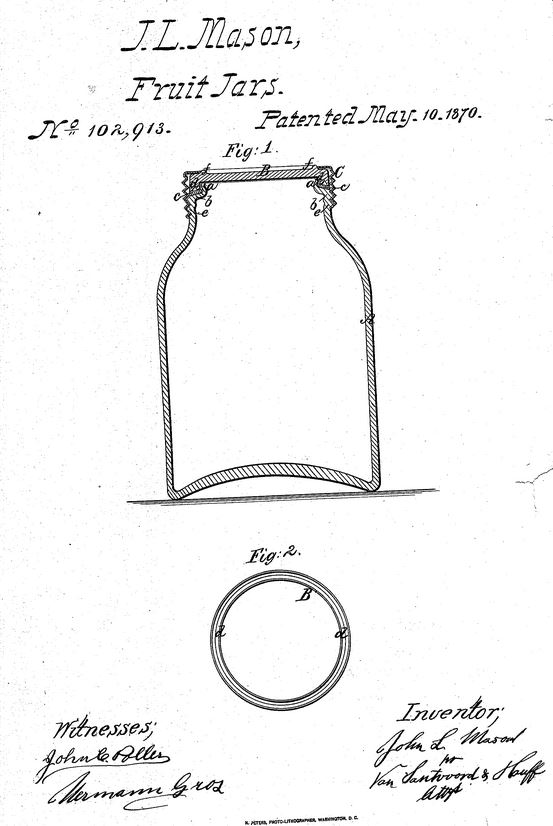 Kristin Holt | OIld West Mason Jars. J.L. Mason Fruit Jars. 1870 U. S. Patent No. 102,913 for Fruit Jar improvements, May, 1870.