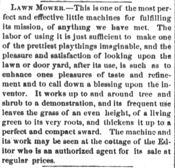 Kristin Holt | Victorian Lawn Mowers. Lawn Mower promoted in Ashtabula Weekly Telegraph of Ashtabula, Ohio, on August 14, 1869.
