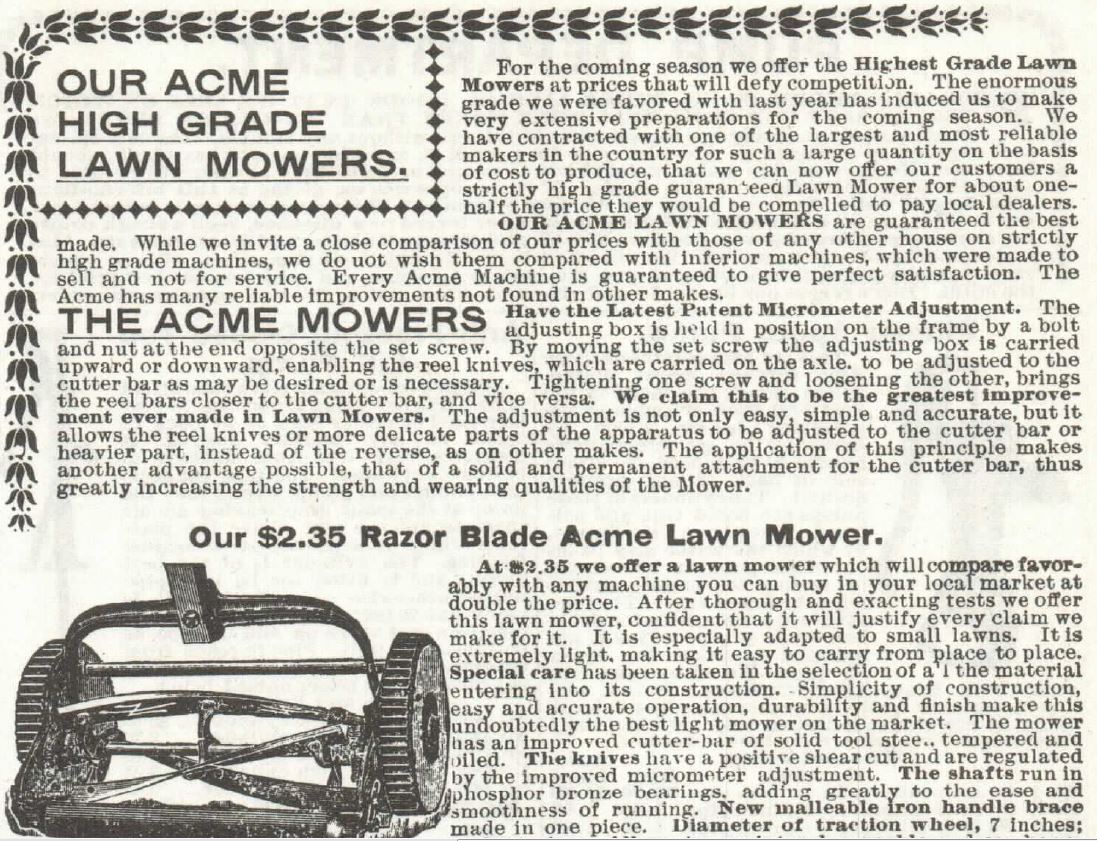 Kristin Holt | Victorian Lawn Mowers. Acme High Grade Lawn Mowers, Part 1. Sears, Roebuck and Co. Catalogue, 1897.