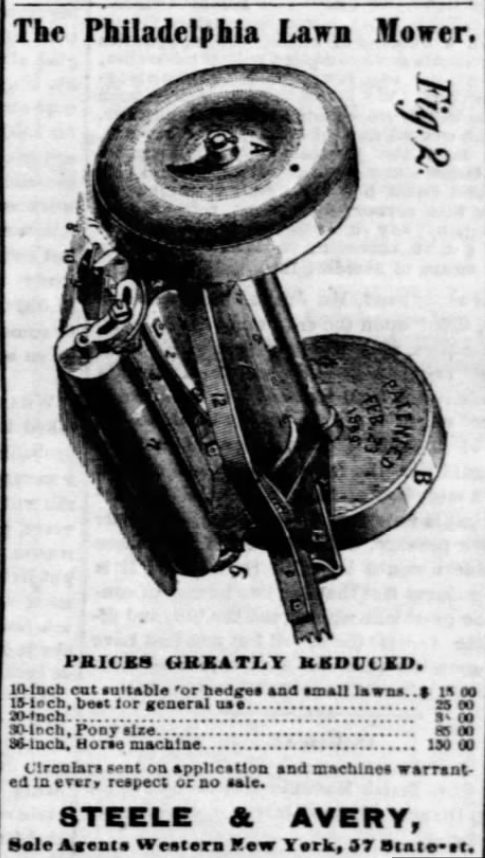 Kristin Holt | Victorian Lawn Mowers. Illustrated ad for The Philadelphia Lawn Mower. Democrat and Chronicle of Rochester, New York on April 29, 1871.