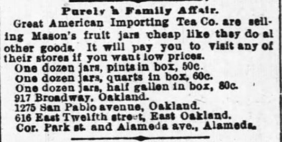 Kristin Holt | Old West Fruit Jars. Mason Fruit Jars for sale. Advertised in the Oakland Tribune of Oakland, California on July 26, 1894.