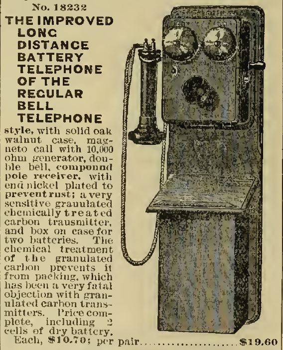 Kristin Holt | Telephones for Sale by Sears Roebuck. Item No. 18232 Improved Long Distance Battery Telephone of the Regular Bell Telephone. Offered in the Sears 1897 catalog (No. 107).