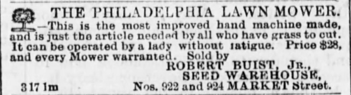 Kristin Holt | Victorian Lawn Mowers. The Philadelphia Lawn Mower advertised in The Evening Telegraph. Philadelphia, Pennsylvania. March 19, 1870.