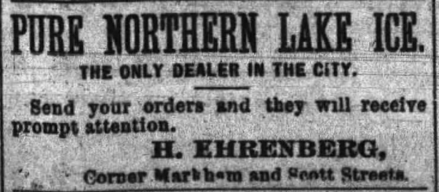 Kristin Holt | Victorian America's Ice Delivery. Pure Northern Lake Ice advertised in the Daily Arkansas Gazette of Little Rock, Arkansas on August 14, 1885.