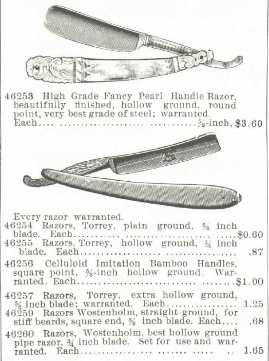 Kristin Holt | Fancy Pearl Handle Razor, Torrey, Celluloid Imitation Bamboo Handles, Wostenholm.. Montgomery Ward Catalog 1895 Spring and Summer