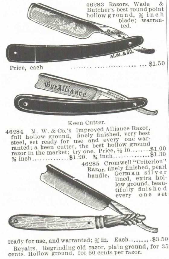 Kristin Holt | Victorian Shaving, Part 1: Wade & Butcher's best round point razor, M.W. & Co.'s Improved Alliance Razor, and Cromwell "Criterion" Razor with pearl handle. Montgomery Ward Catalog 1895 Spring and Summer