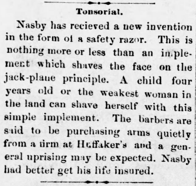 Kristin Holt | Victorian Shaving, Part 2. Who knew a safety razor could prove a point of Victorian Humor? Published in the Reno Gazette-Journal of Reno, Nevada, on April 26, 1881.